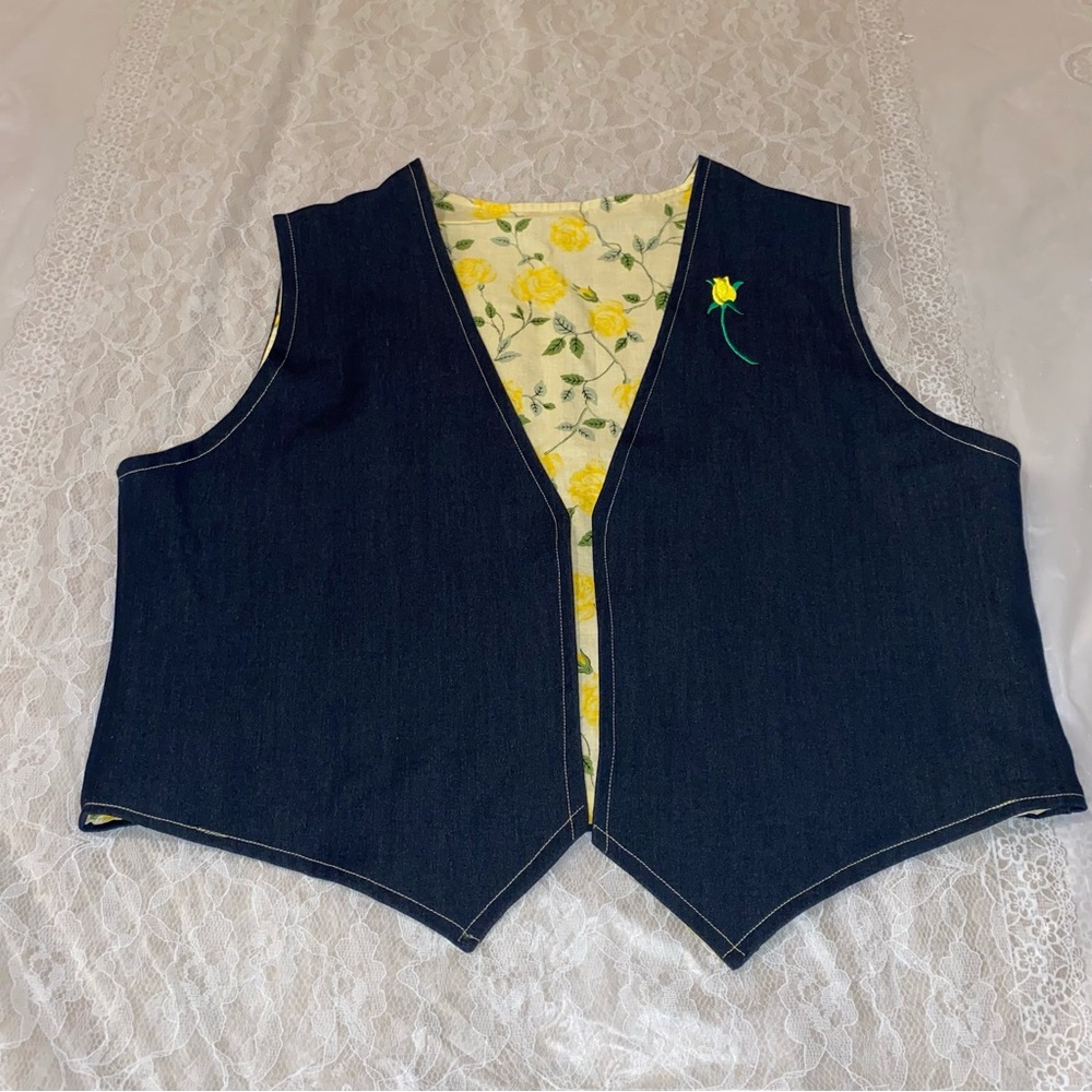Vintage Handmade Denim Floral Reverseable Vest With Floral Embroidery Details